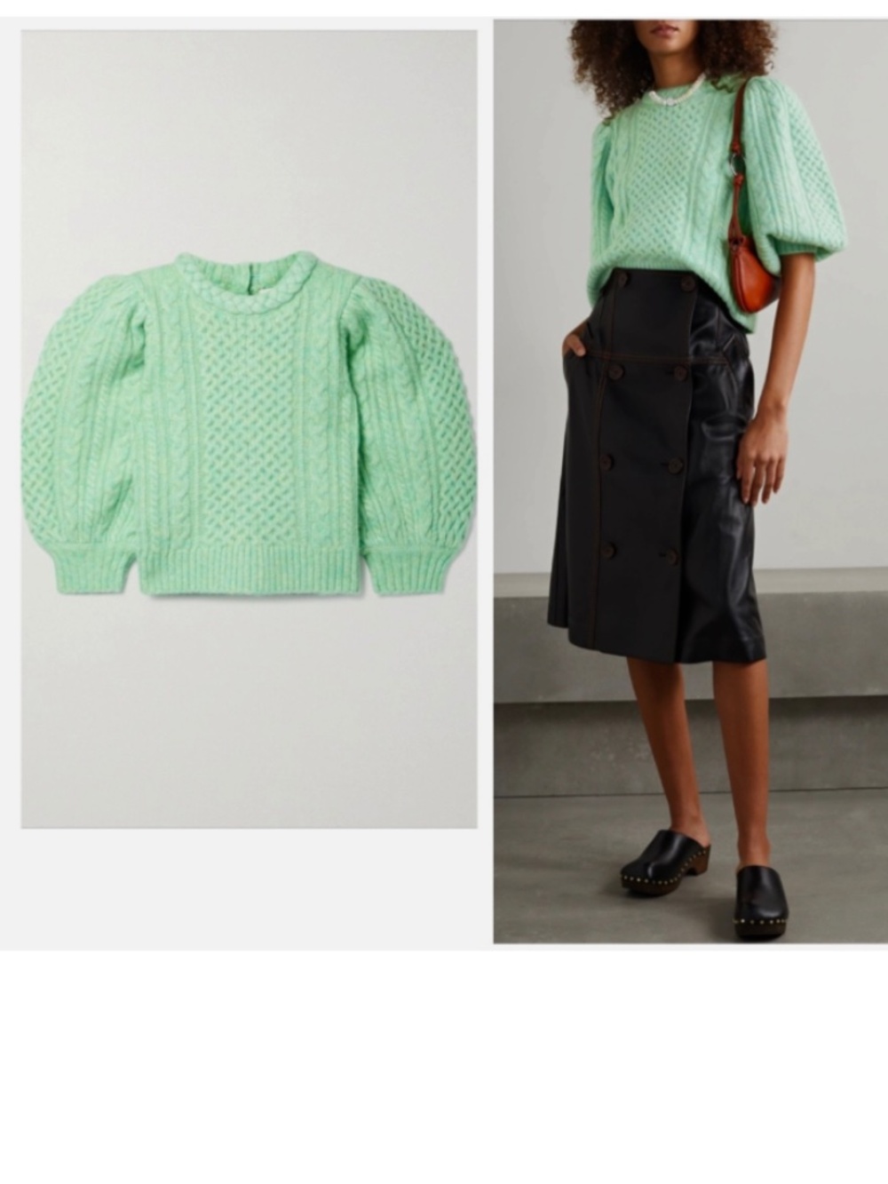 ★NWT Org.$425 Sea NY Ebba Cable-Knit Puff Sleeve Sweater Mint Size M★